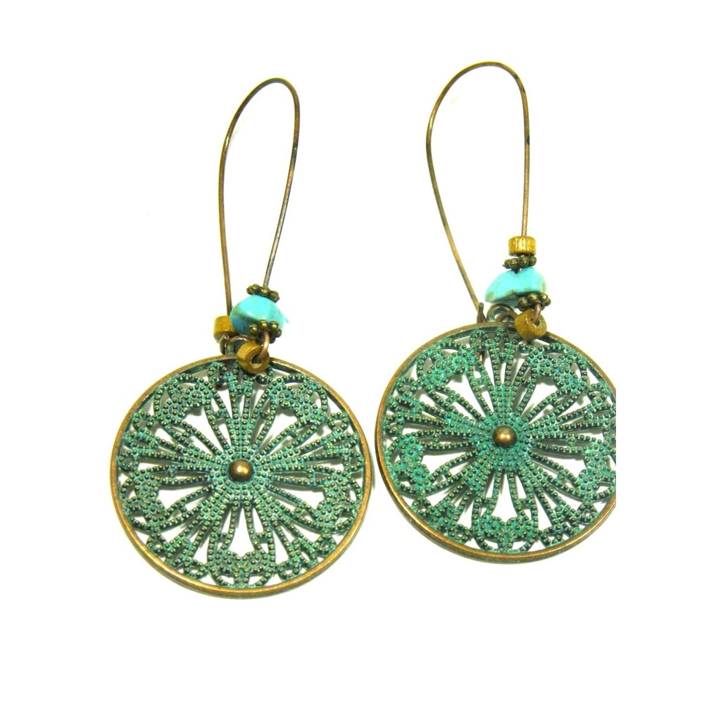 Vintage Boho Earrings Dangle Copper Medallion Green Patina Kidney Wire Textured
